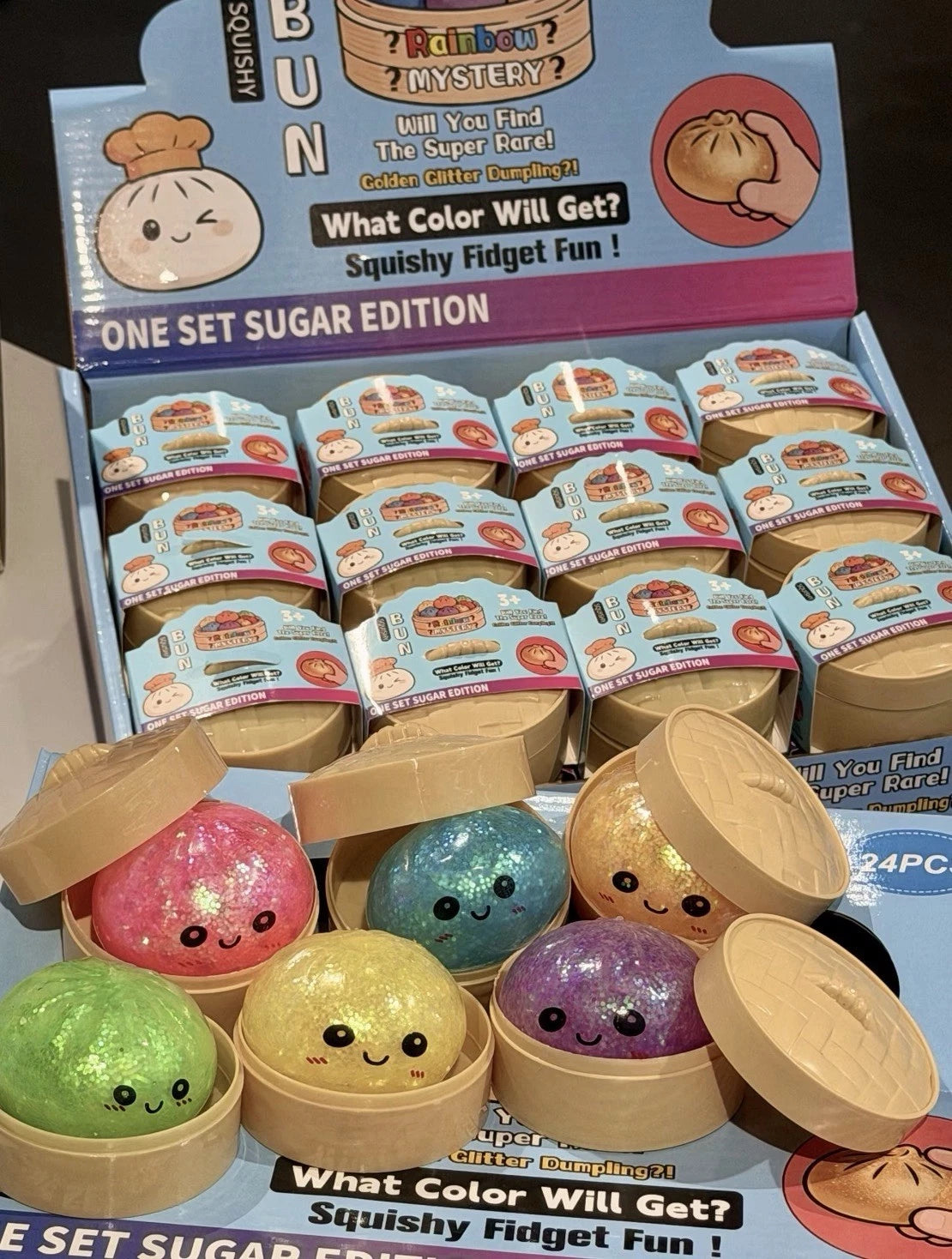 Glittery squishy buns with kawaii faces revealed